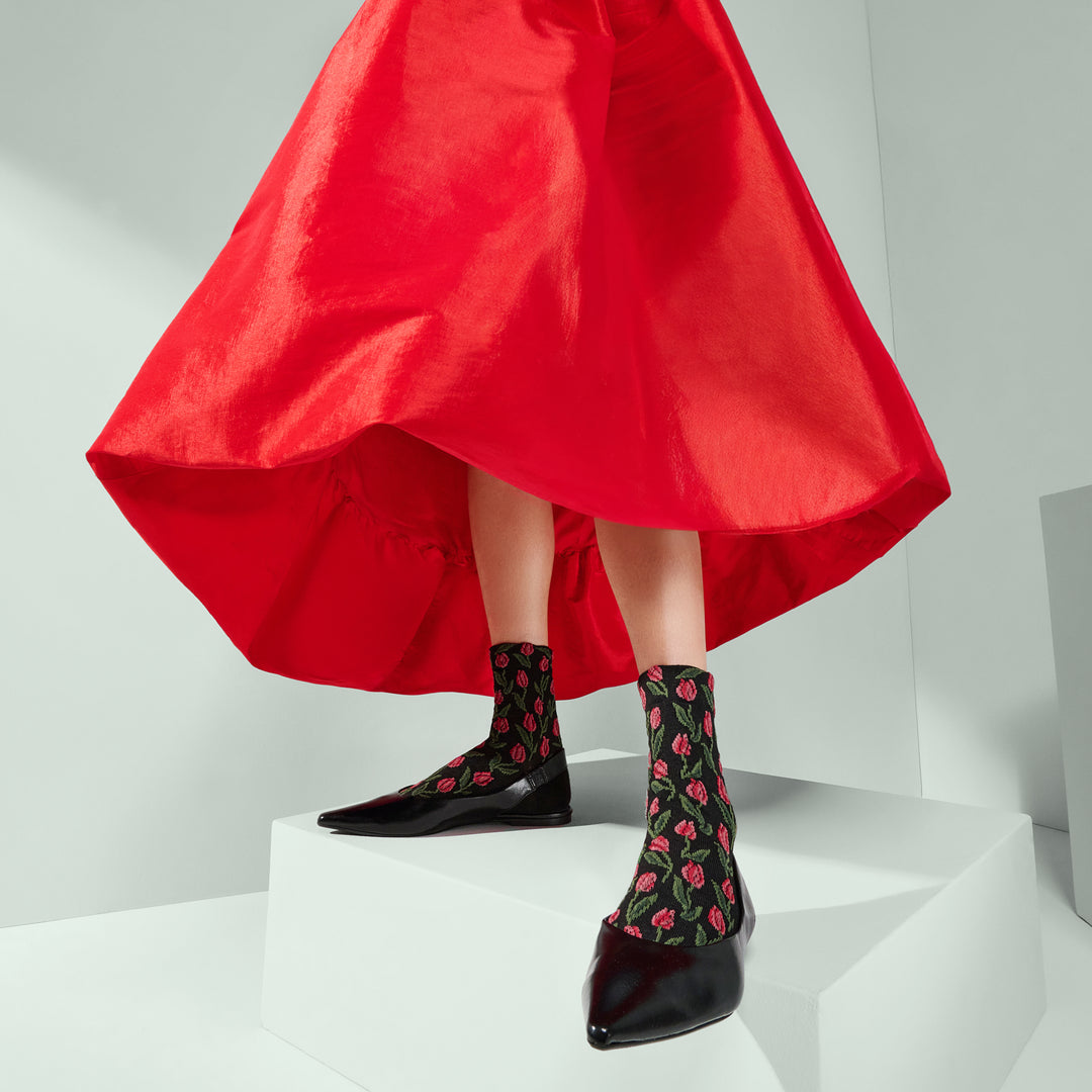 Float Tulip Cotton Quarter Socks - Black (WOMEN)