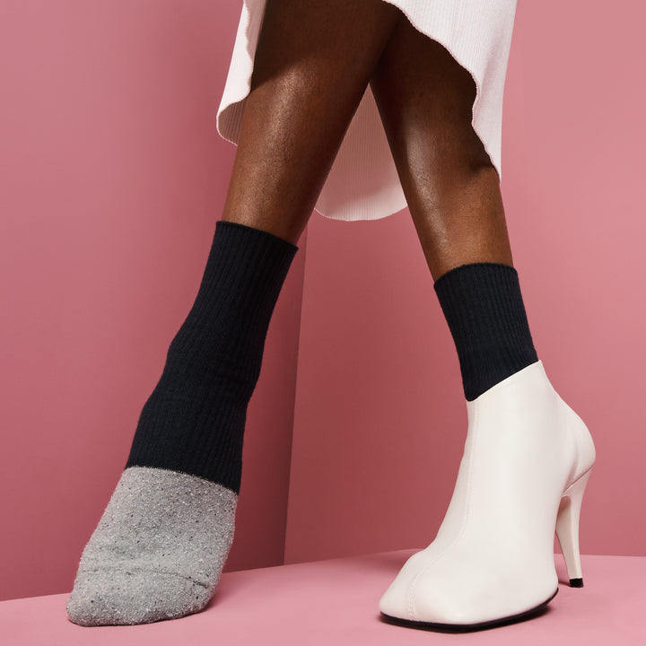Silk Toe Bicolor Ribbed Quarter Socks - Black (WOMEN)