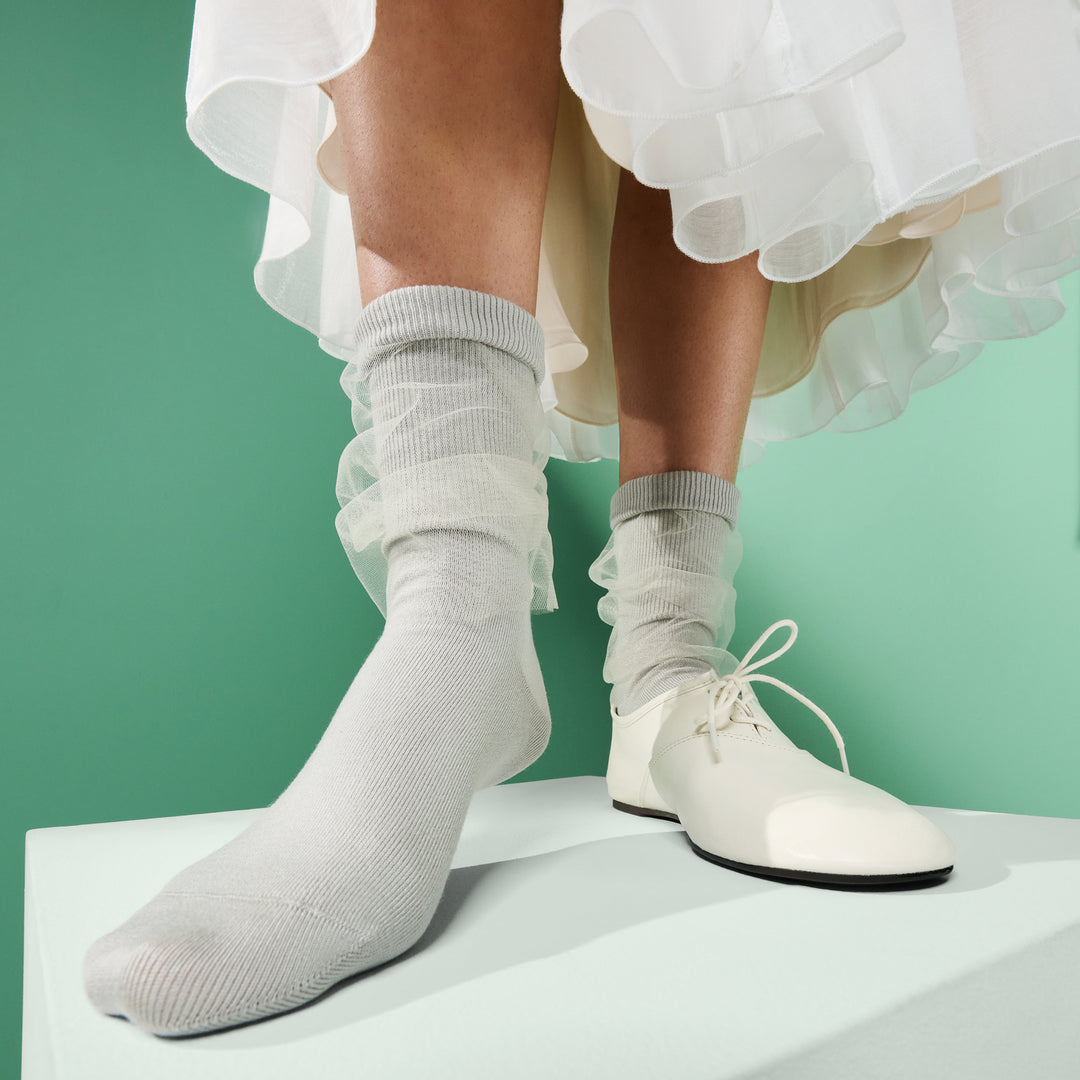 Tulle-Veiled Cotton Crew Socks - LightGrey (WOMEN)