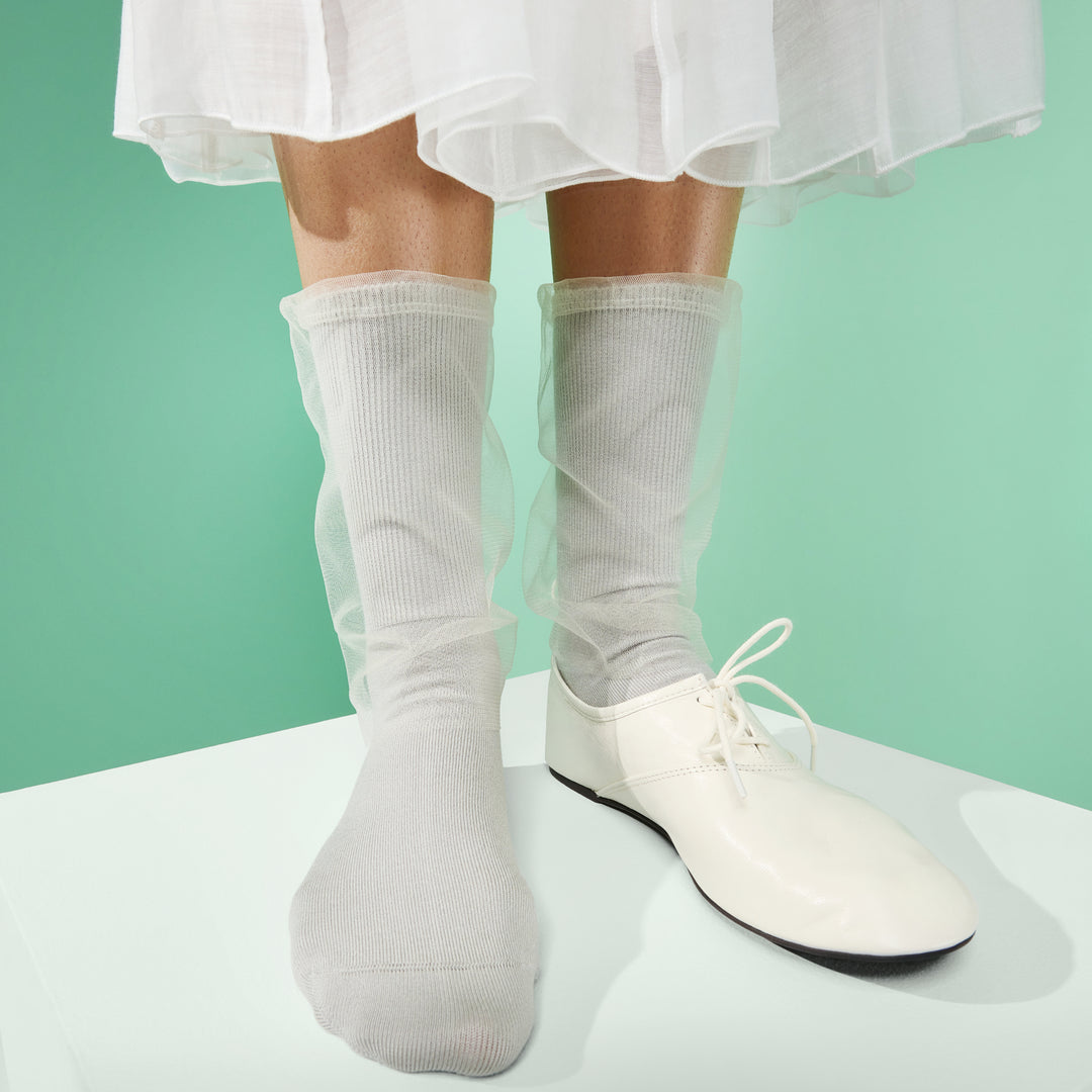 Tulle-Veiled Cotton Crew Socks - LightGrey (WOMEN)