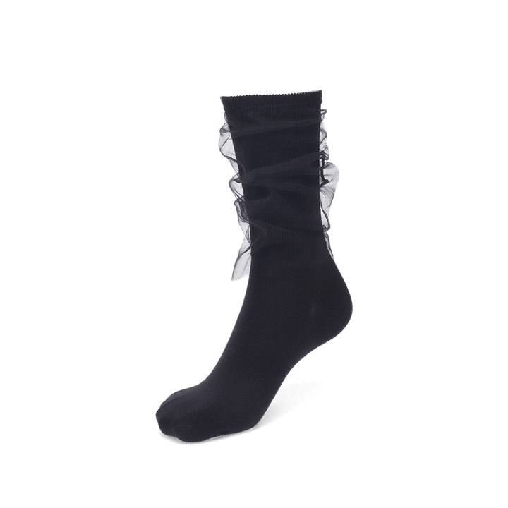 Tulle-Veiled Cotton Crew Socks - Black (WOMEN)