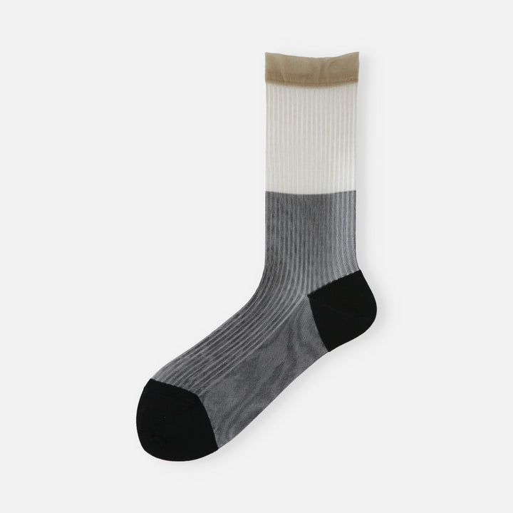Bicolor Sheer Textured Stripe Crew Socks - Black (WOMEN)