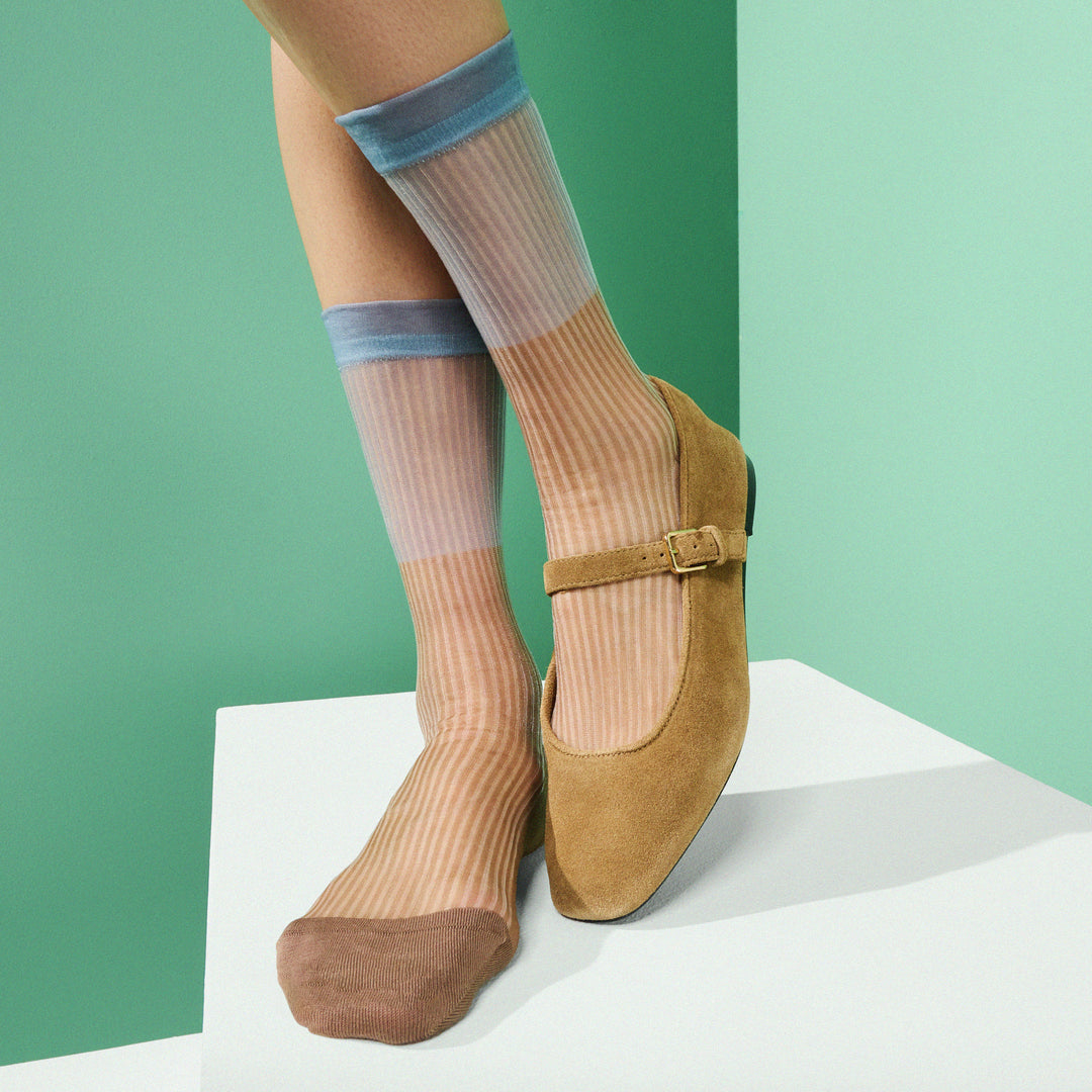 Bicolor Sheer Textured Stripe Crew Socks - Brown (WOMEN)
