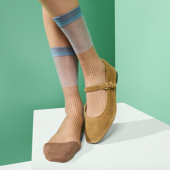 Bicolor Sheer Textured Stripe Crew Socks - Brown (WOMEN)
