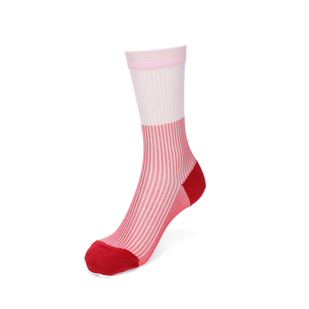 Bicolor Sheer Textured Stripe Crew Socks - Red (WOMEN)