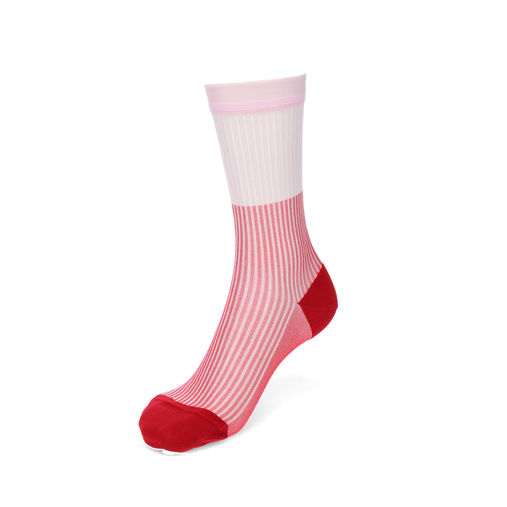 Bicolor Sheer Textured Stripe Crew Socks - Red (WOMEN)