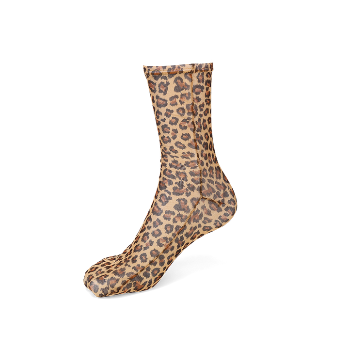 Leopard Tulle Crew Socks - Beige (WOMEN)