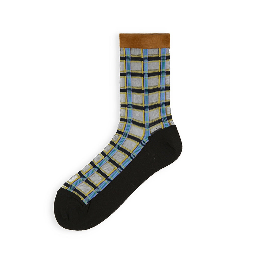 Sheer Plaid Wool Blend Sole Crew Socks - Black (WOMEN)