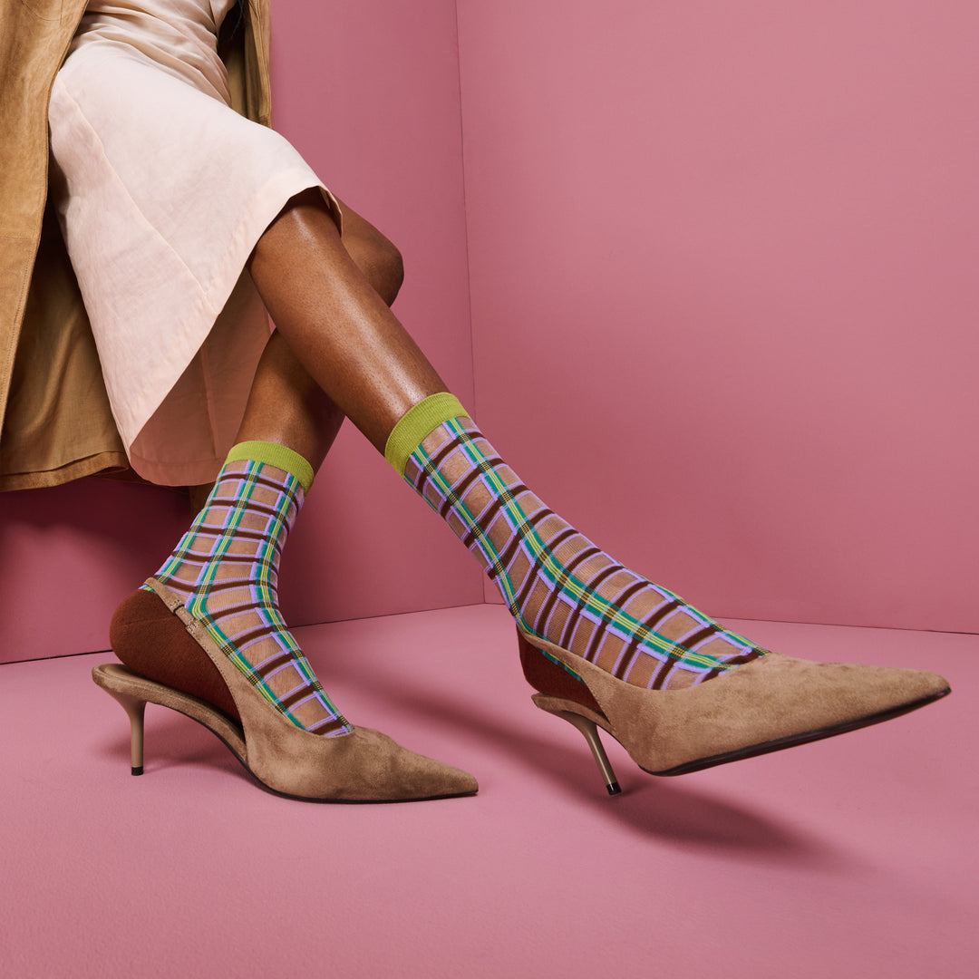 Sheer Plaid Wool Blend Sole Crew Socks - Brown (WOMEN)
