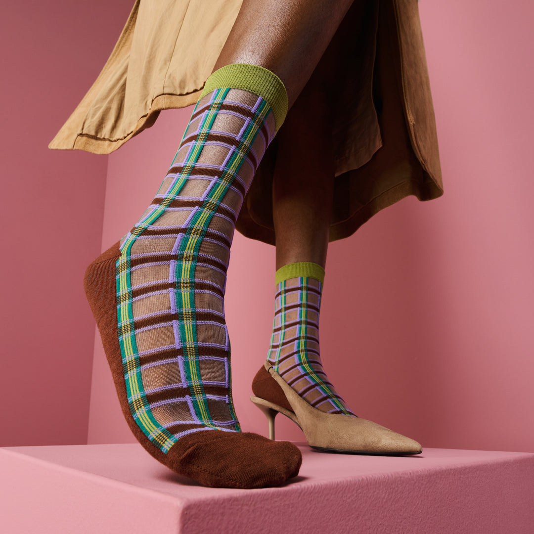 Sheer Plaid Wool Blend Sole Crew Socks - Brown (WOMEN)
