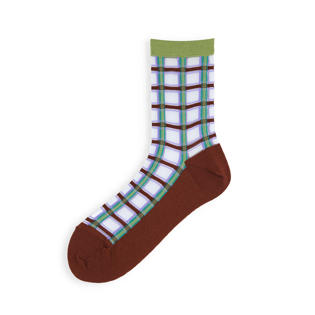 Sheer Plaid Wool Blend Sole Crew Socks - Brown (WOMEN)