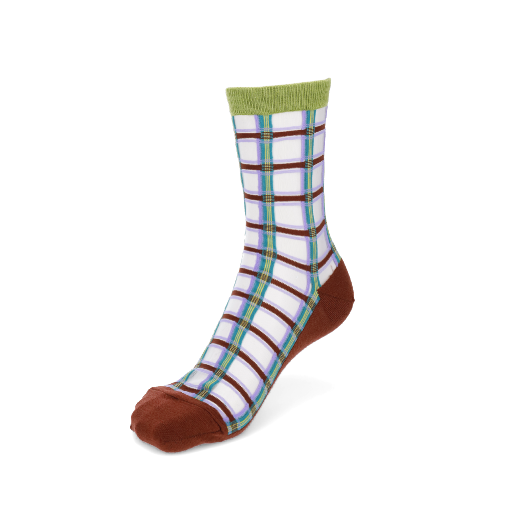 Sheer Plaid Wool Blend Sole Crew Socks - Brown (WOMEN)