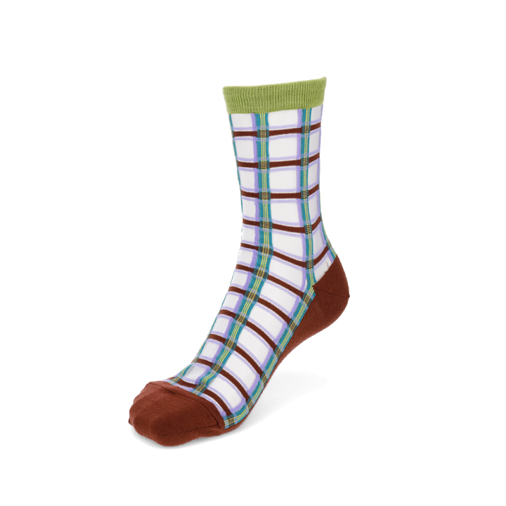 Sheer Plaid Wool Blend Sole Crew Socks - Brown (WOMEN)