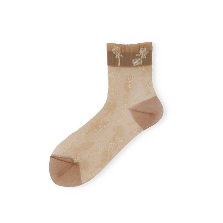 Floral Monotone Short Crew Socks - LightBrown