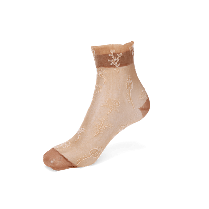 Floral Monotone Short Crew Socks - LightBrown