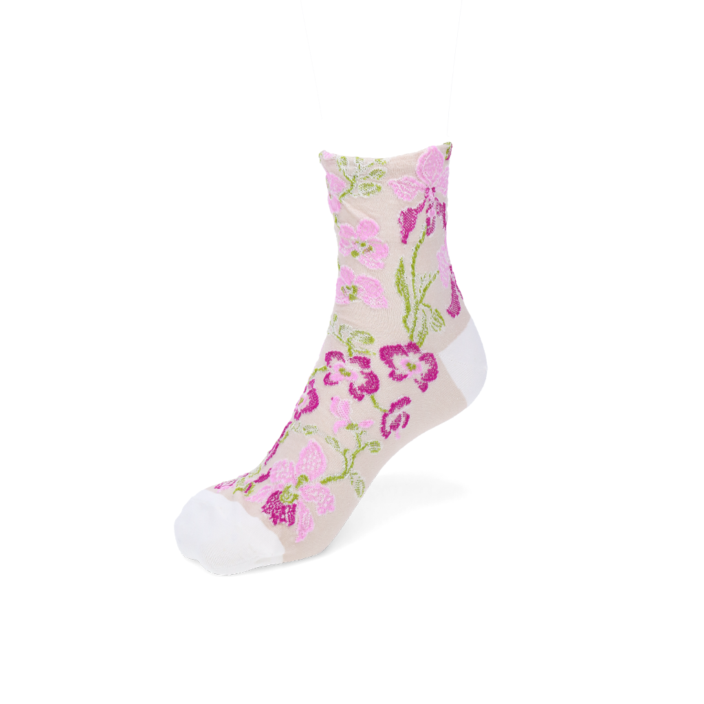 Cotton-Linen Crepe Float Orchid Quarter Socks - Ivory (WOMEN)