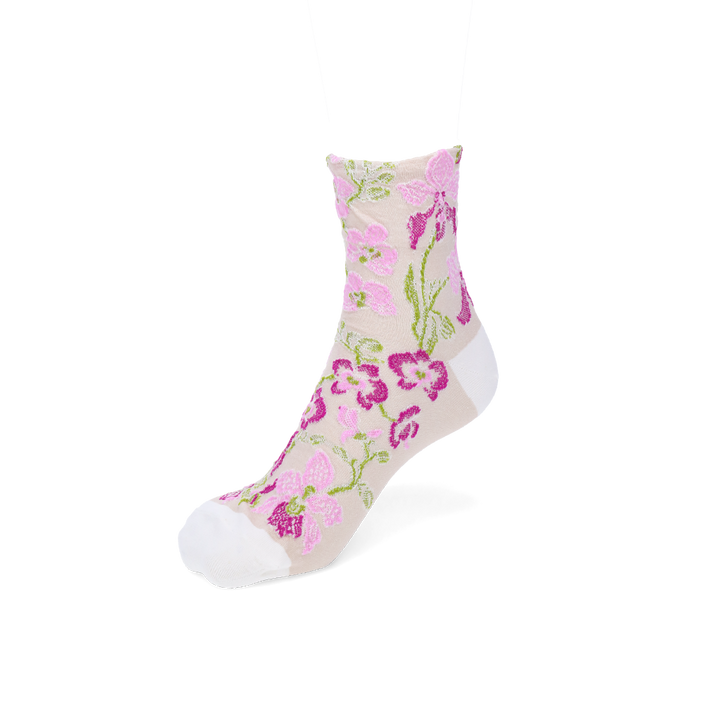 Cotton-Linen Crepe Float Orchid Quarter Socks - Ivory (WOMEN)