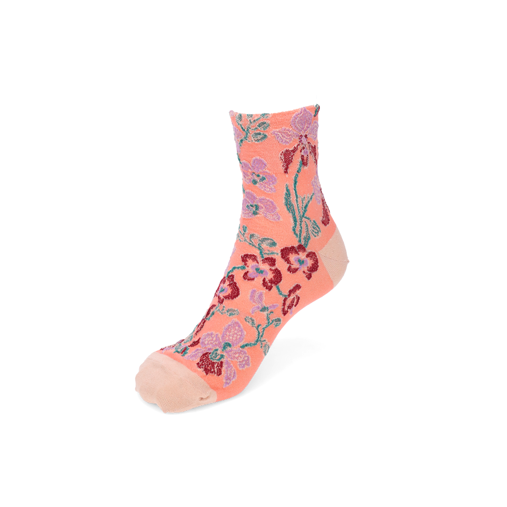 Cotton-Linen Crepe Float Orchid Quarter Socks - CoralPink (WOMEN)