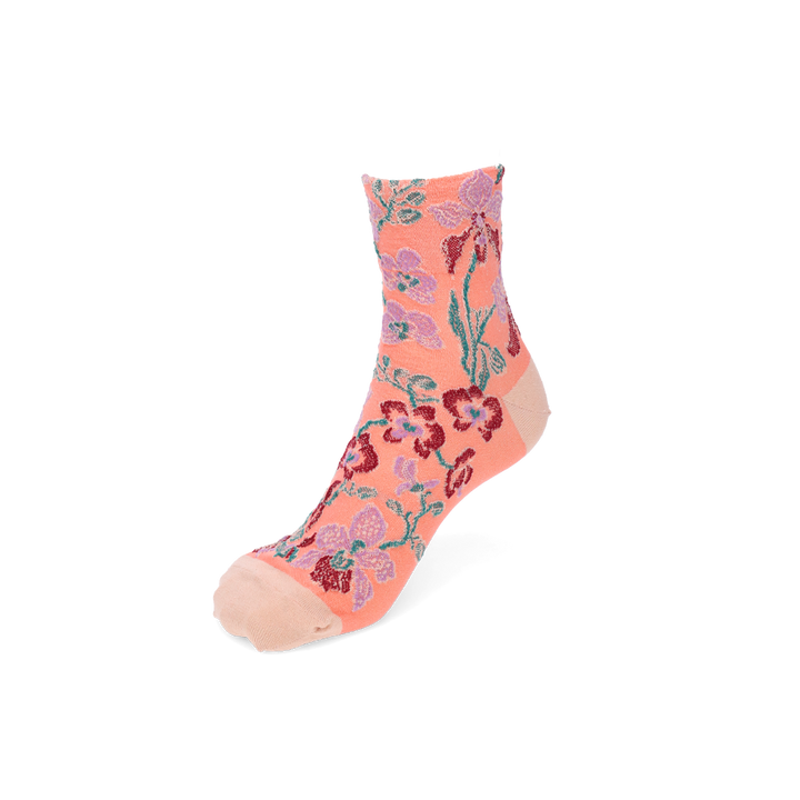 Cotton-Linen Crepe Float Orchid Quarter Socks - CoralPink (WOMEN)