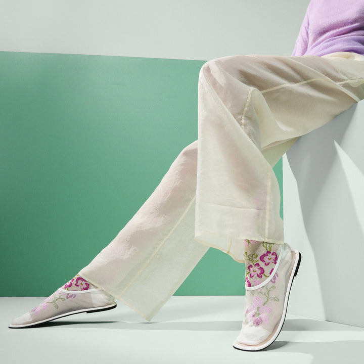 Cotton-Linen Crepe Float Orchid Quarter Socks - Ivory (WOMEN)