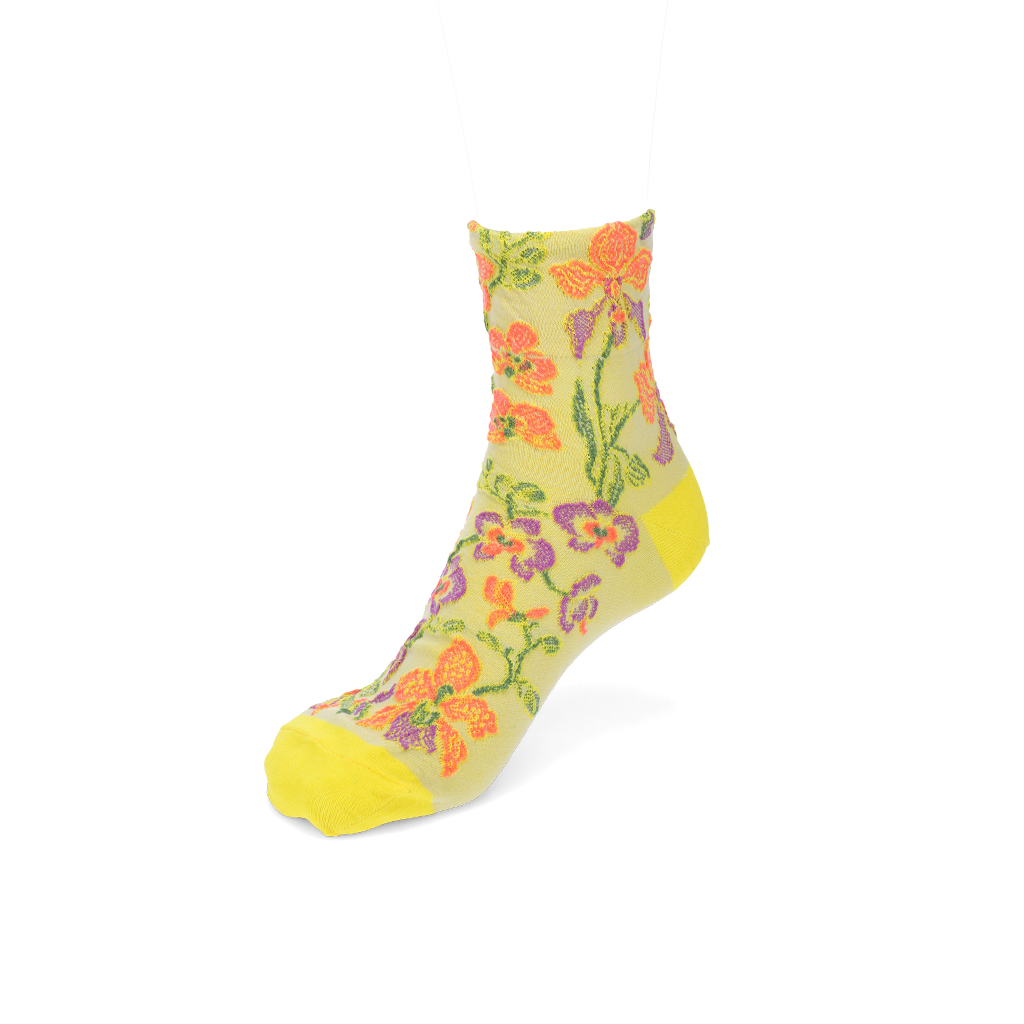 Cotton-Linen Crepe Float Orchid Quarter Socks - LimeYellow (WOMEN)