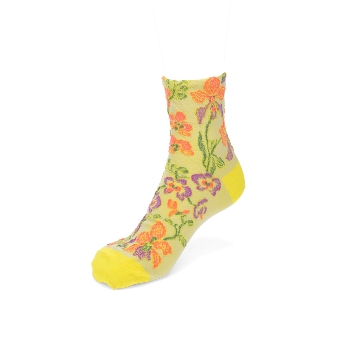 Cotton-Linen Crepe Float Orchid Quarter Socks - LimeYellow (WOMEN)