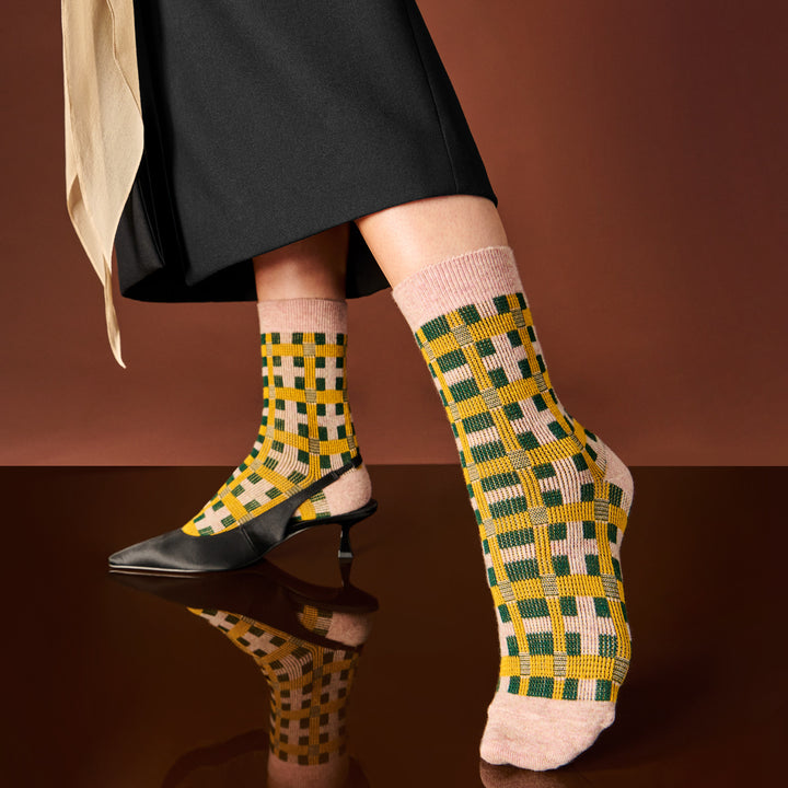 Jacquard Modern Plaid Crew Socks - CoralPink