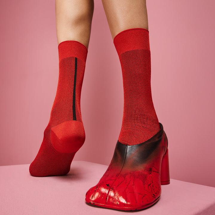 Lustrous Rayon Back Seam Crew Socks - Red (WOMEN)