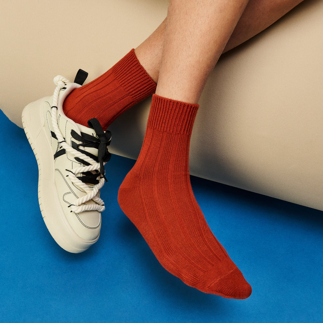 Wide-Ribbed Cotton Short Crew Socks - DarkOrange