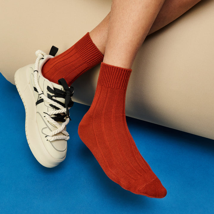 Wide-Ribbed Cotton Short Crew Socks - DarkOrange