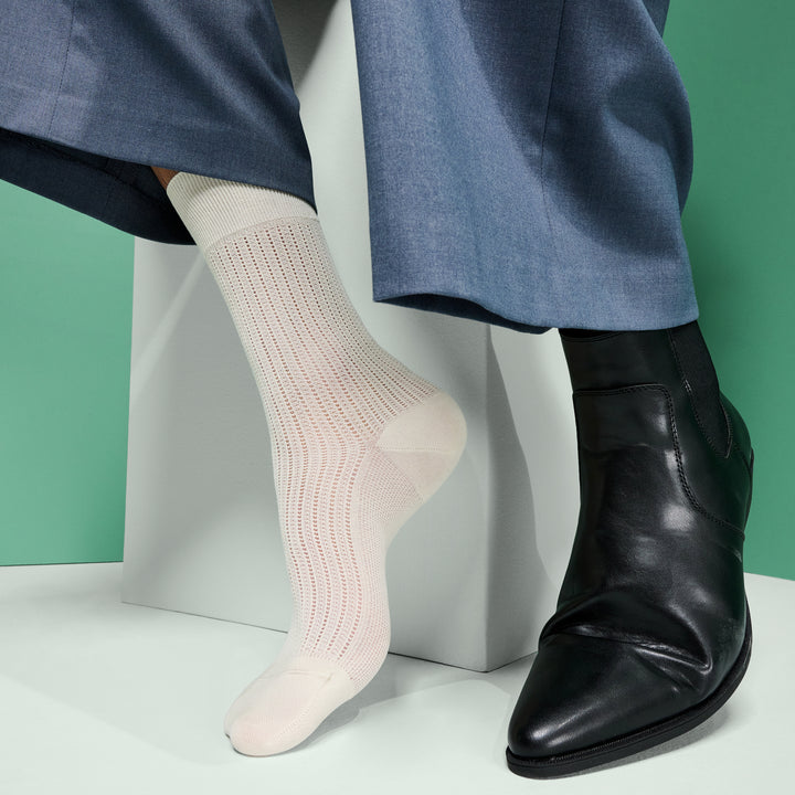 Artisan Stripe Mesh Cotton Crew Sock - White (MEN)