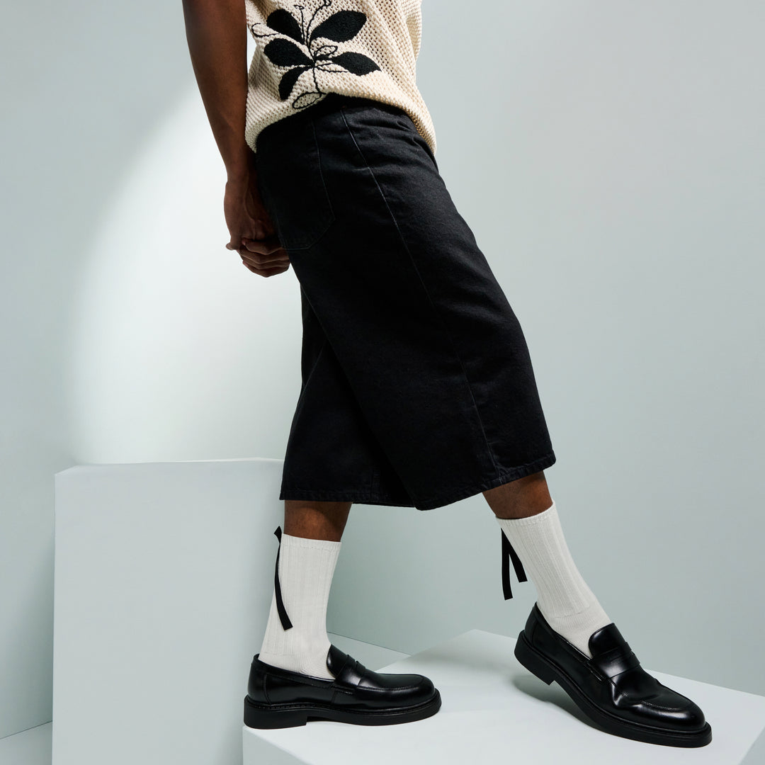 Matte Ribbon Lustrous Cotton Crew Socks - White (MEN)