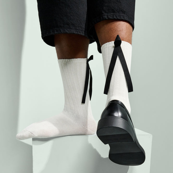 Matte Ribbon Lustrous Cotton Crew Socks - White (MEN)