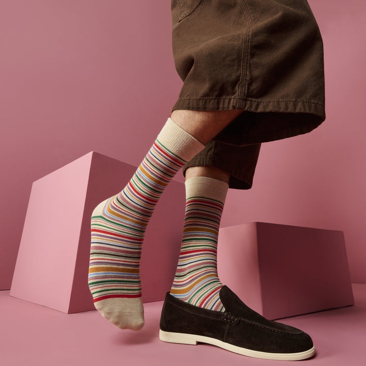 Racing Stripe Cotton Crew Socks - Beige (MEN)