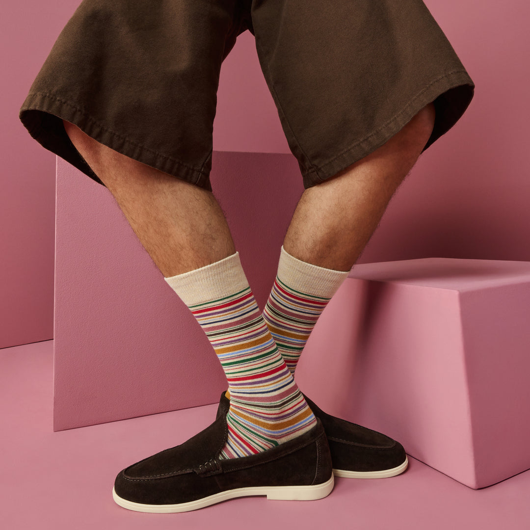 Racing Stripe Cotton Crew Socks - Beige (MEN)