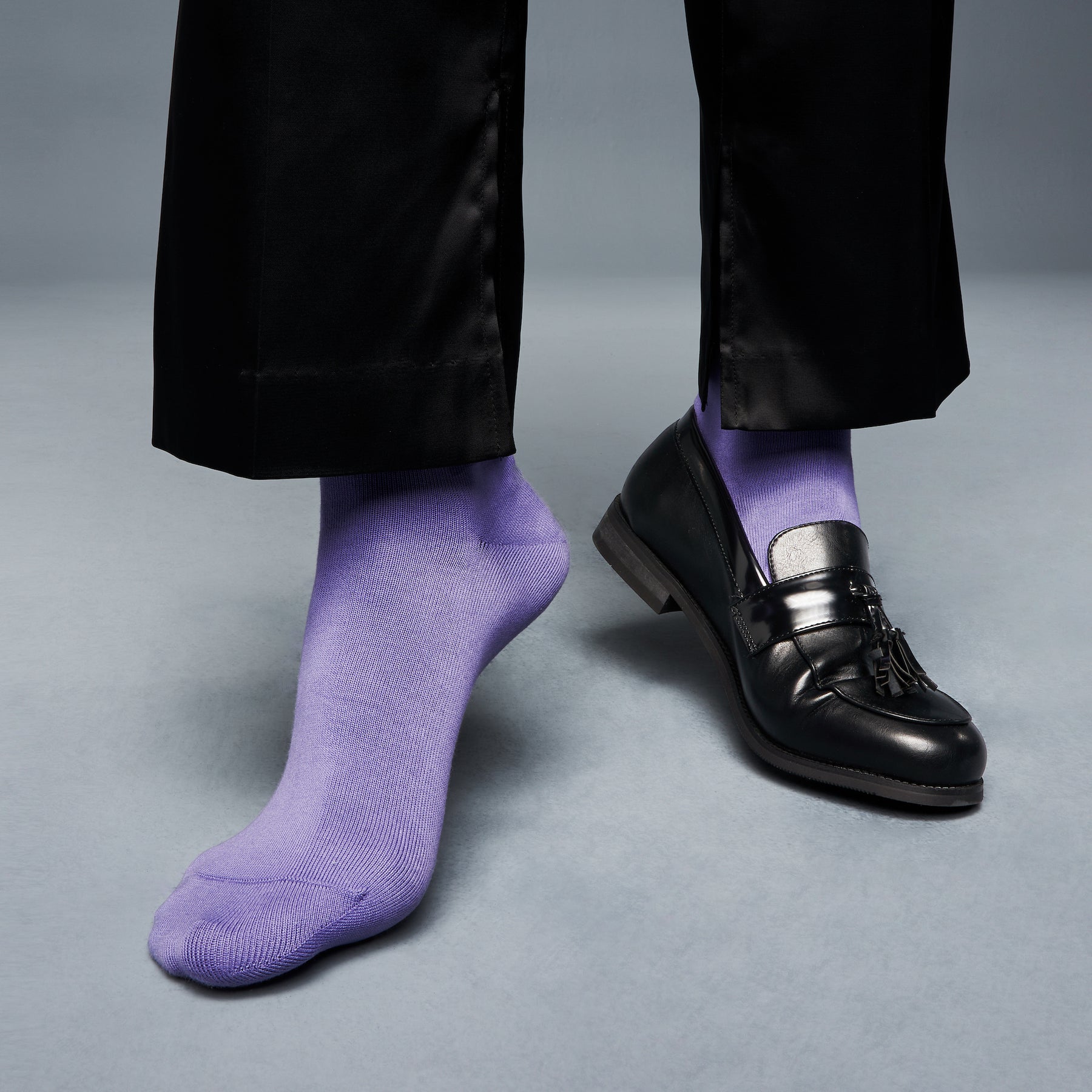 men's purple dress socks The Masons- A purple, violet, and White striped sock. Mid-Calf A classic vertical rib ensures that these purple dress socks are perfect for both formal and casual wear Lavender with Purple Dot Cotton