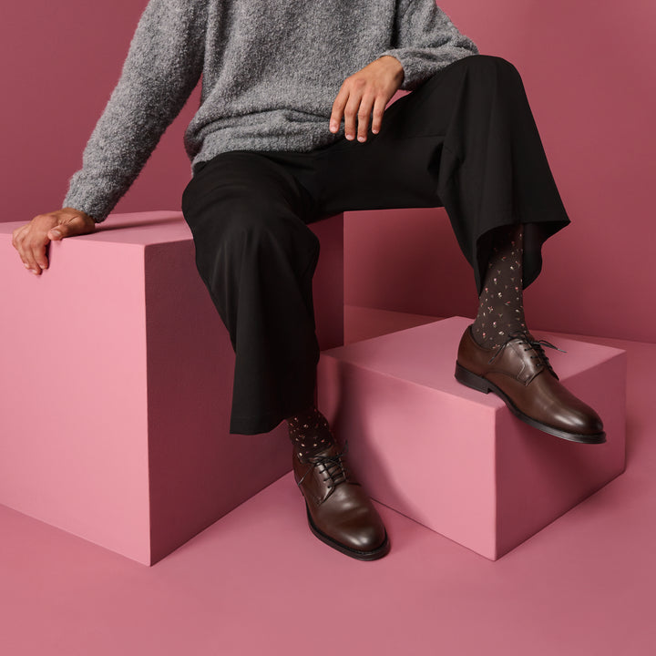Micro Floral Pima Cotton Crew Socks - Brown (MEN)
