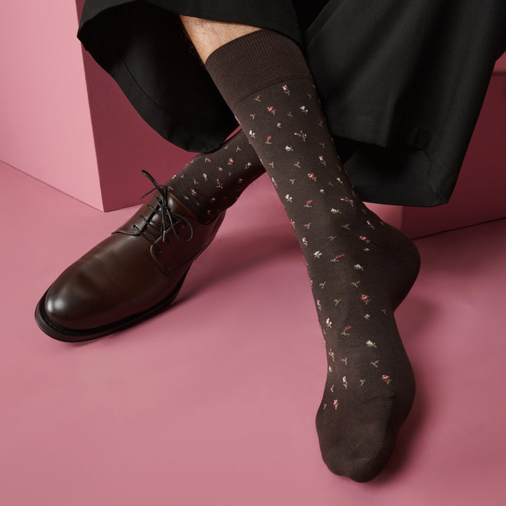 Micro Floral Pima Cotton Crew Socks - Brown (MEN)