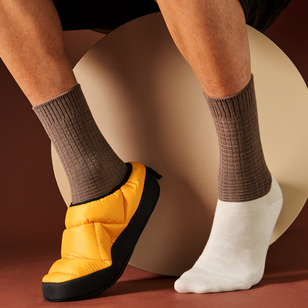 Merino Waffle Ankle x Cotton Foot Crew Socks - RawUmber