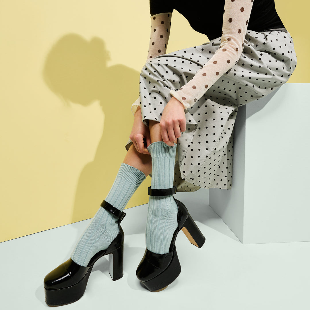 TABIO'S COTTON Wide-Ribbed Crew Socks - LightBlue (WOMEN)