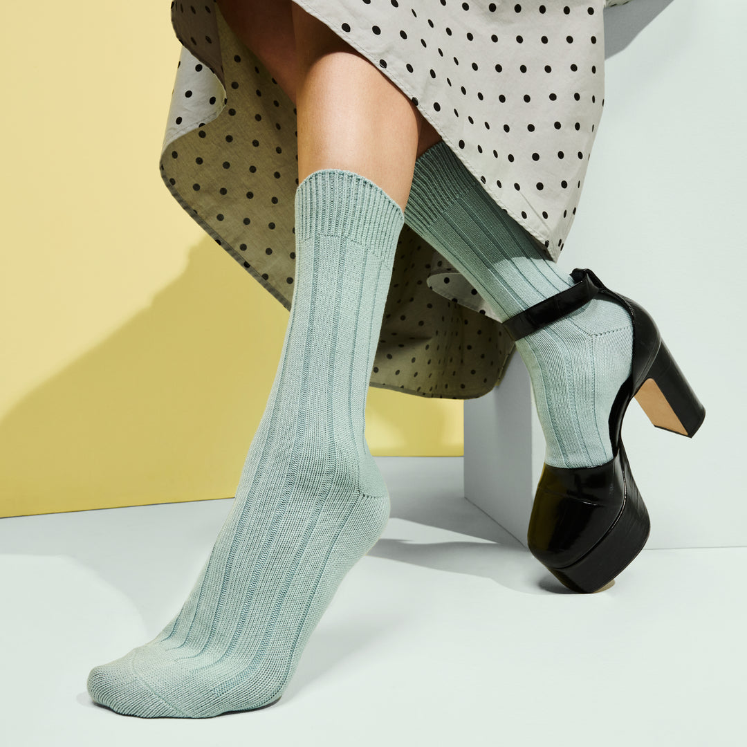 TABIO'S COTTON Wide-Ribbed Crew Socks - LightBlue (WOMEN)